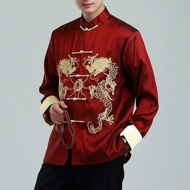 Traje Tang de dragón bordado para hombre, camisa, chaqueta superior, Cheongsam Hanfu, abrigo Hanfu Retro, 2023