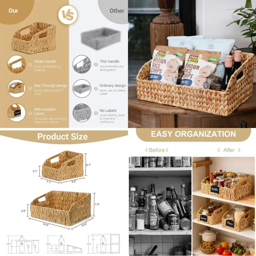 

Pantry Organizers, Wicker Baskets for Organizing with Handles, Handwoven Wicker Storage Basket, Water Hyacinth Storage Bins Bask