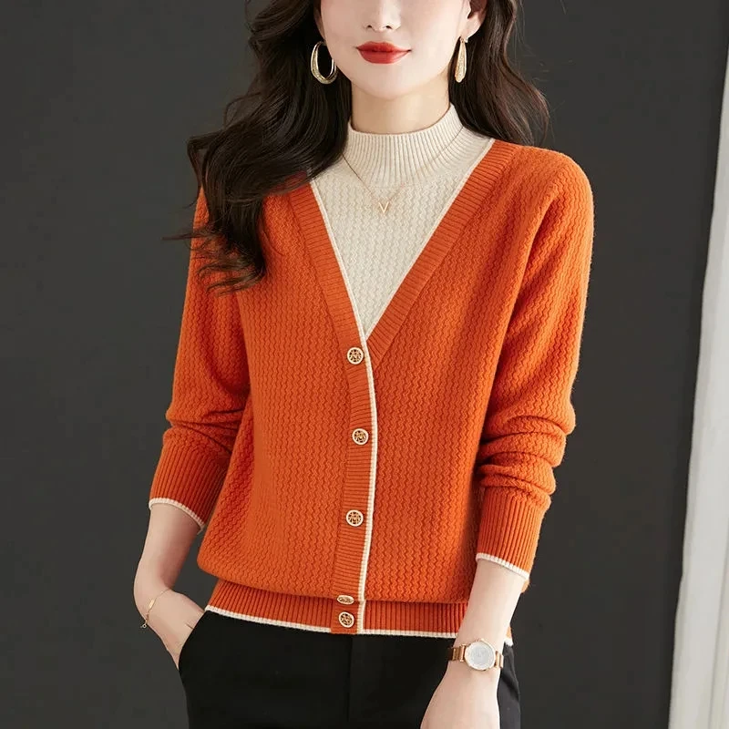 2024 Korean Fashion Fake Two Piece Women Color Block Sweaters Spring Autumn Mock Neck Knitted Long Sleeve Pullovers Female Tops