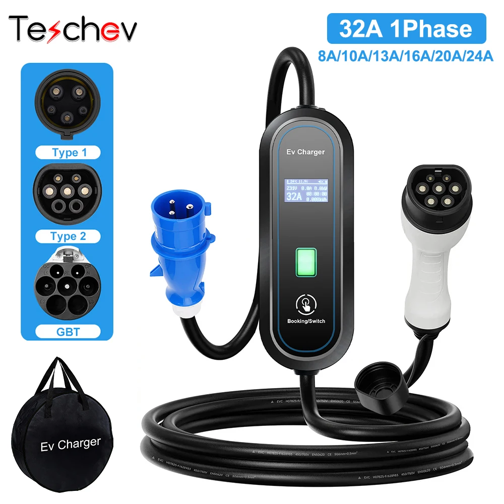 Teschev Portable EV Charger Type2 32A 7KW EVSE Adjustable Current Smart Timing Charging for Home & Outdoor Use