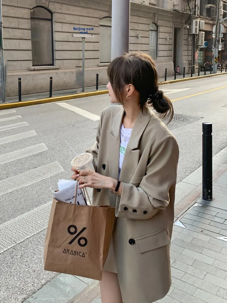 

Костюм цвета хакиен Jaet, женский свободный повседневный корейский костюм высокого класса, маленький размер, костюм для поездок на работу, длинный све, двойная пуговица