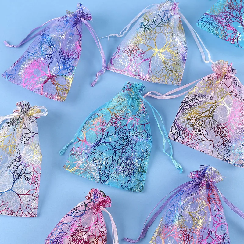 100pcs/lot 7x9, 9x12, 10x15 cm Colorful Coral Pattern White Organza Pouches Gauze Yarn Drawstring Gift Bags Candy Bag