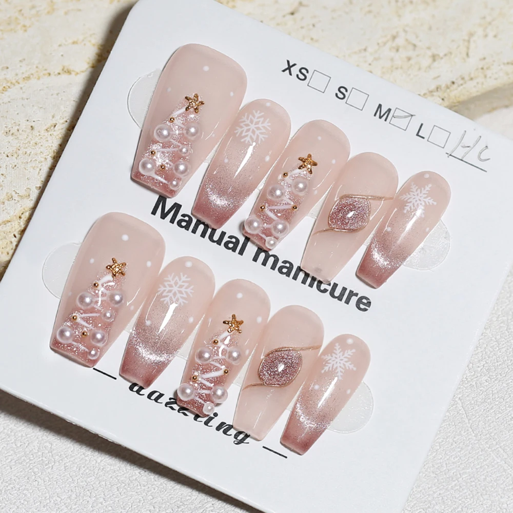 

10 шт., рождественские ногти средней длины, розовые блестящие накладные ногти «кошачий глаз» со снежинкой, жемчужным дизайном, полное покрытие, накладные ногти