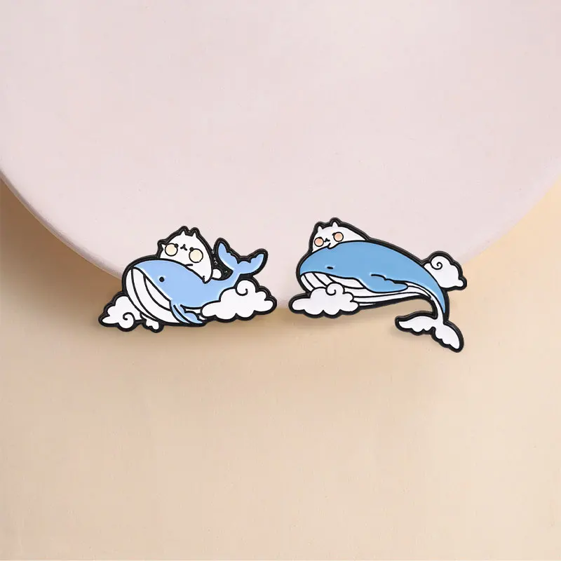 Cute Cat Ride Blue Whale Enamel Pins Kawaii Cartoon Cloud Animal Sea Creatures Brooches Lapel Badge Backpack Jewelry Gifts
