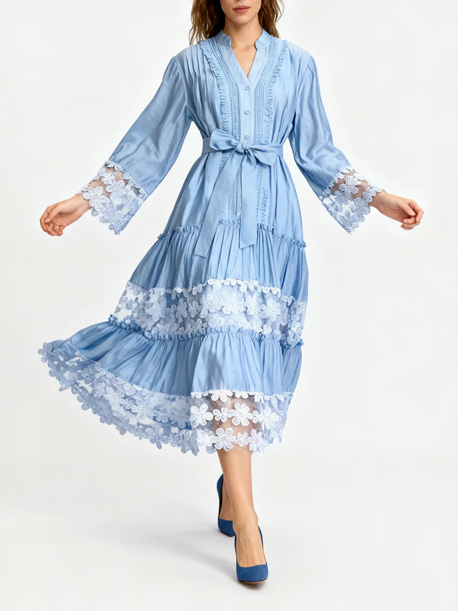 TWOTWINSTYLE Hit couleur pure épissé Appliques robes élégantes pour les femmes col en V demi manches Patchwork champignon plis robe femme