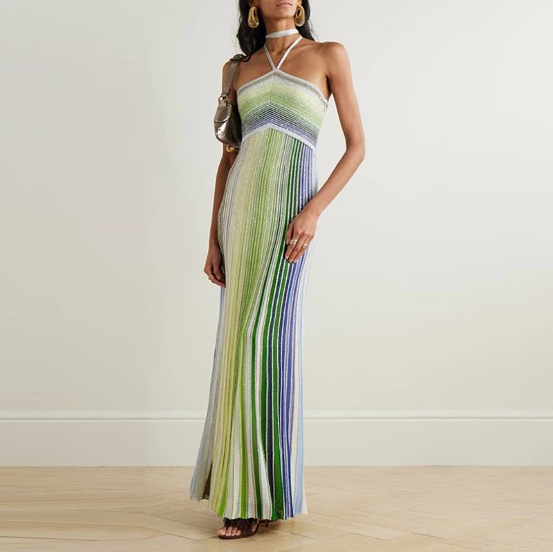 

2025 New Metallic Sequined Striped Halter Neck Sleeveless Women Maxi Long Dress