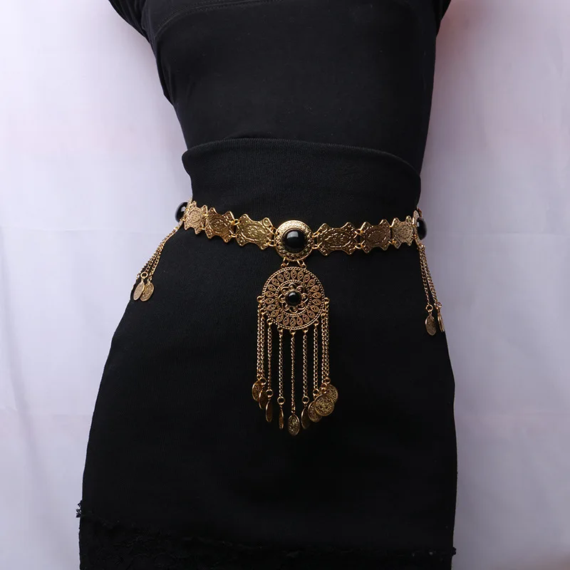 Ethnic Style Inlaid Turquoise Alloy Waist Chain Fashion Multi-Layer Chain Coin Tassel Body Chain Navel Chain Women