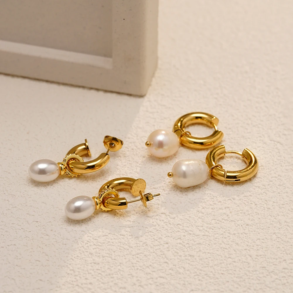 ENFASHION Aretes De Mujer Natural Removable Pearl Hoop Earrings For Women's Stainless steel 18K Gold Plated Dating Jewelry E1739