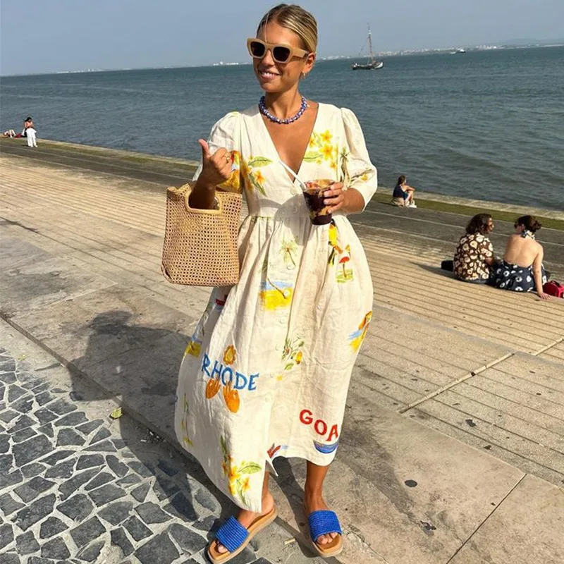 2024 Summer Chic Female Beach Robes Printed Puff Sleeved Dress For Women Causal Loose V Neck Single Breasted Long Dresses