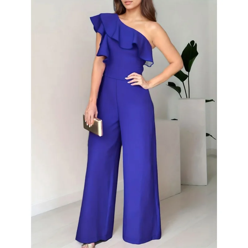 

Европейский и американский свободный прямой элегантный женский комбинезон с рюшами на одно плечо и высокой талией