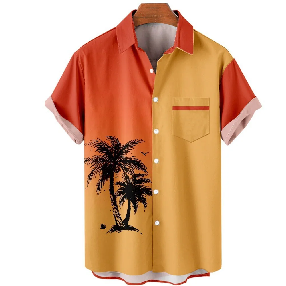 Harajuku keren mewah pohon kelapa 3D kemeja berkancing sebaris pria kasual blus wanita lengan pendek kemeja kerah lipat musim panas