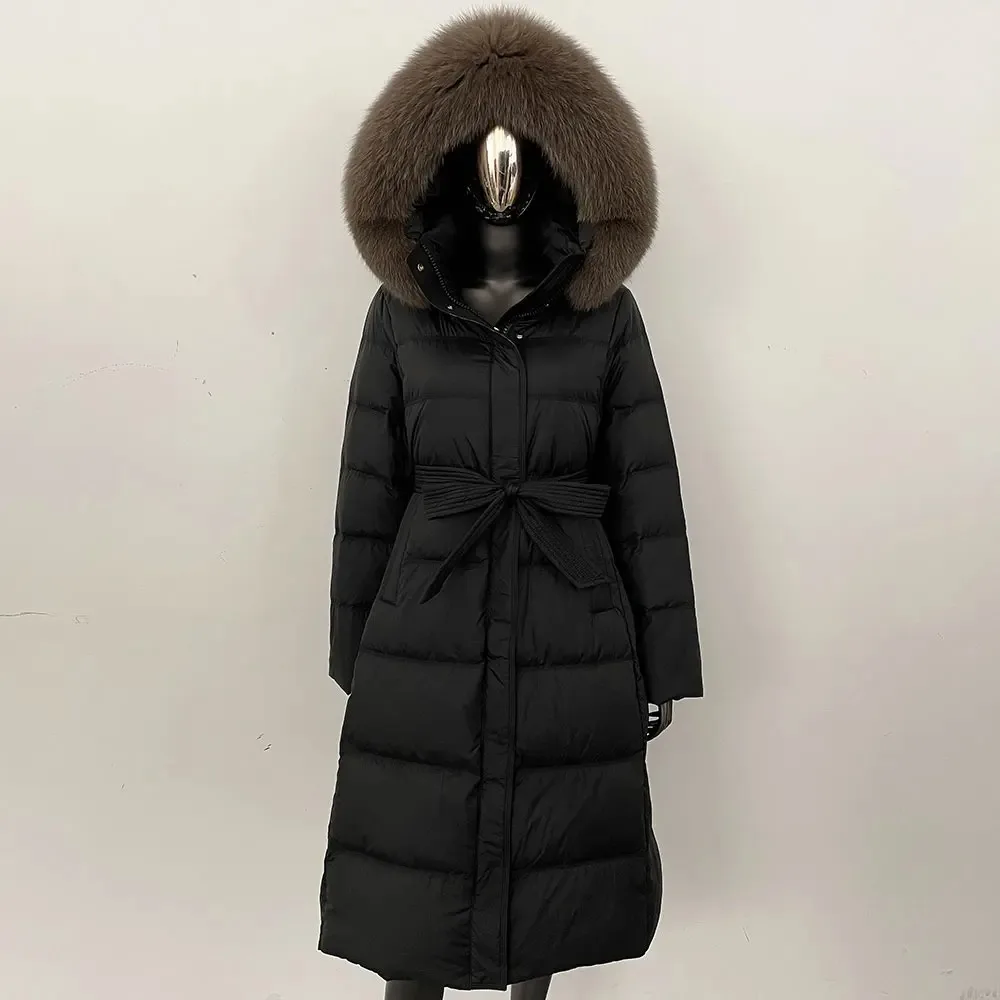 เสื้อโค้ทขนเป็ดสีขาวแบบมีฮู้ด แต่งปกขนสุนัขจิ้งจอกแท้ อุ่นสบายสำหรับผู้หญิง เสื้อแจ็คเก็ตพัฟเฟอร์ตัวยาวสำหรับฤดูหนาว หนา ขนธรรมชาติ กันน้ำ