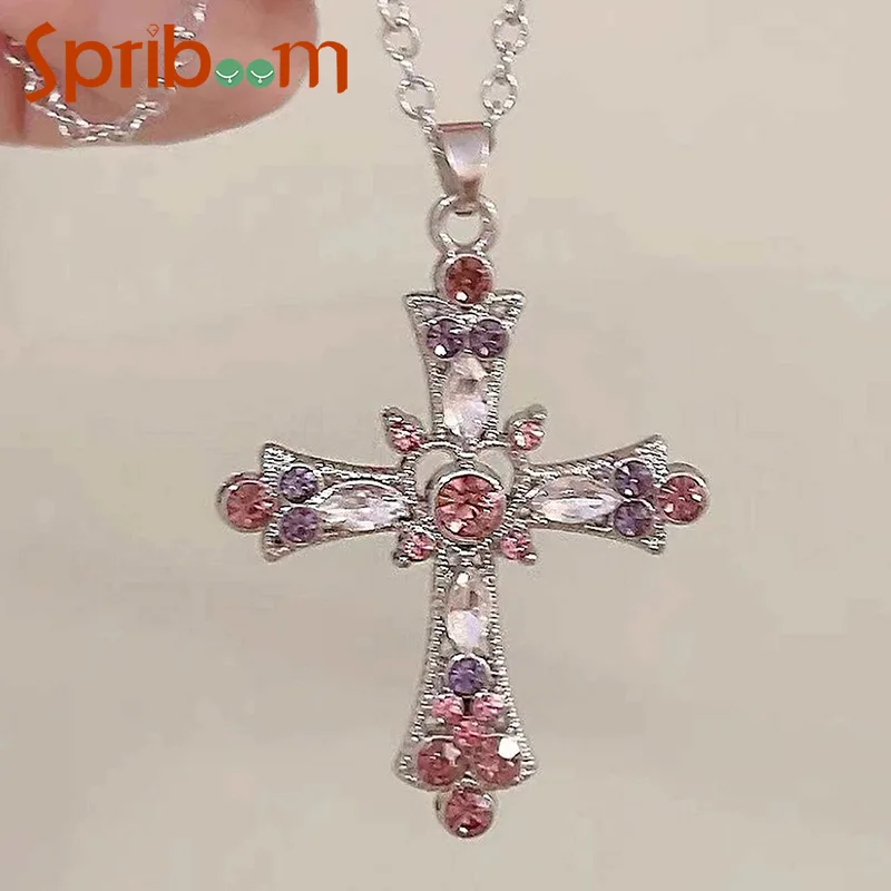 Y2K Cross Pendant Necklace for Women Pink Purple Zircon Necklaces Gothic Jewelry Party Girls Fashion Accessories Female Gift