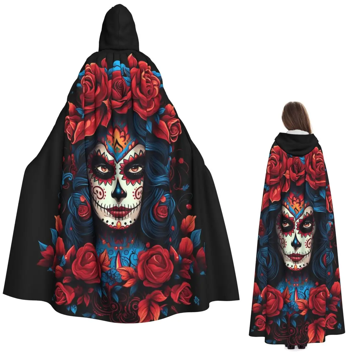 

Alexander Gothic Las Elegantes Girls Day Of Dead Skull Long Hooded Cloak Witch Medieval Costume Cosplay Cape HalloweenCoat