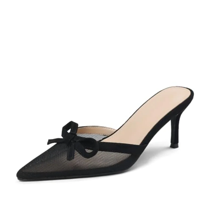

Celbreez Kitten Heels Mesh Mules for Women Pumps Bow Closed Pointed Toe High Heels Slingback Stiletto Heels Slip On Pumps Shoes
