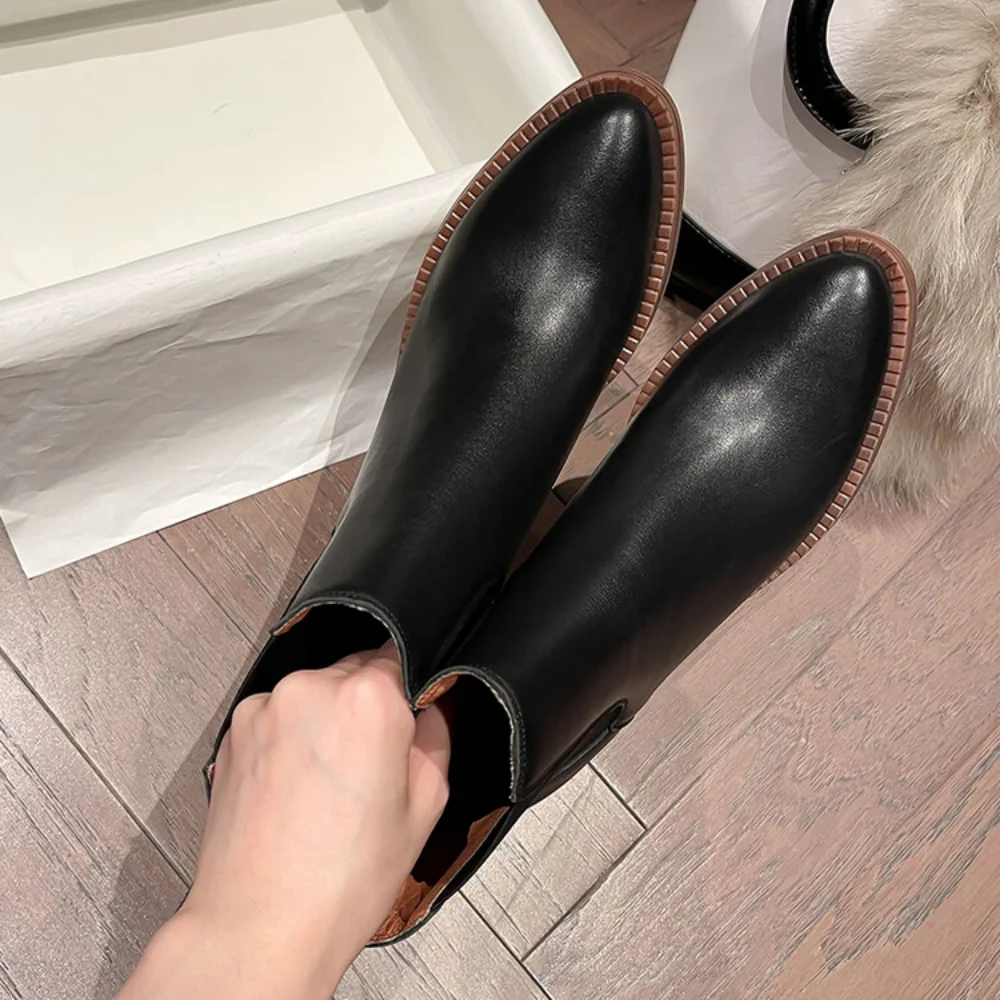 2024 Genuine Leather Women Chelsea Boots Chunky Heel Short Boots Slip On Elastic Woman Ankle Boots 2024 Autumn New Ladies Shoes