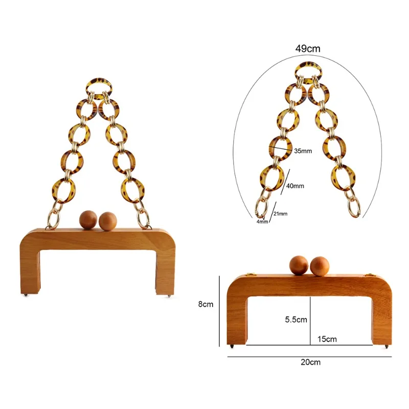 1 Set/2PCS Vintage Bag Wooden Matching Snap Buckle Handle with Resin Chain U-Shaped Handle Frame Chain DIY Bag Accessories