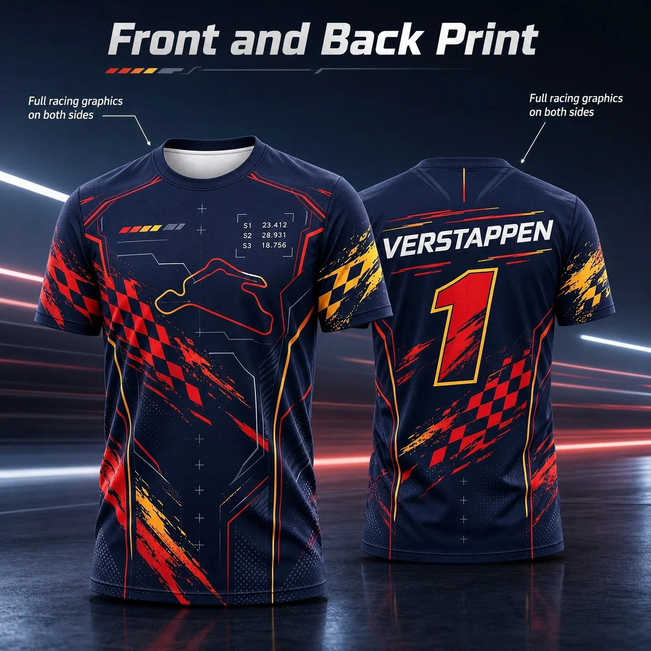 Men's Formula One Racing T-shirt Verstappen No.1 Back Printed Dirt Splash Racing Pattern Printed Racing Fan T-shirt