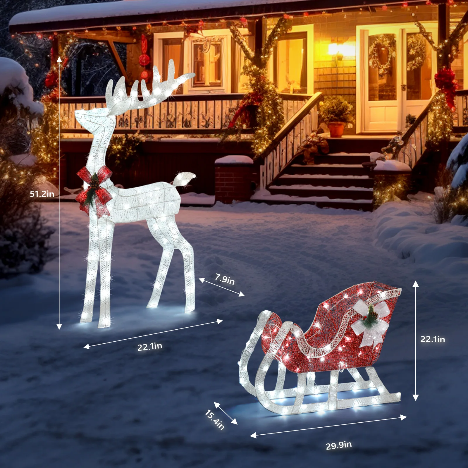 4ft Lighted Christmas Reindeer & Sleigh Outdoor Yard Decoration Set with LED Lights, Red & White