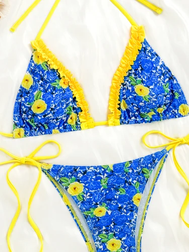 Imagen 2 del producto 2025 Bikini triangular con cuello Halter para mujer, traje de baño estampado para mujer, traje de baño azul Sexy para bañistas, traje de baño para nadar, ropa de playa
