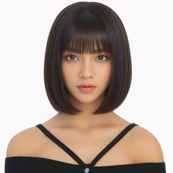 Chic Black Short Bob Synthetic Wig With Bangs - Heat Resistant, Straight Style For Daily Wear & Cosplay