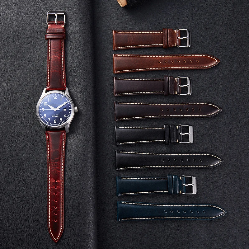 Oil Wax Leather Watch Strap 18mm 19mm 20mm 21mm 22mm Vintage Handmade Watch Band Black Blue Brown Color Men Watch Accessories