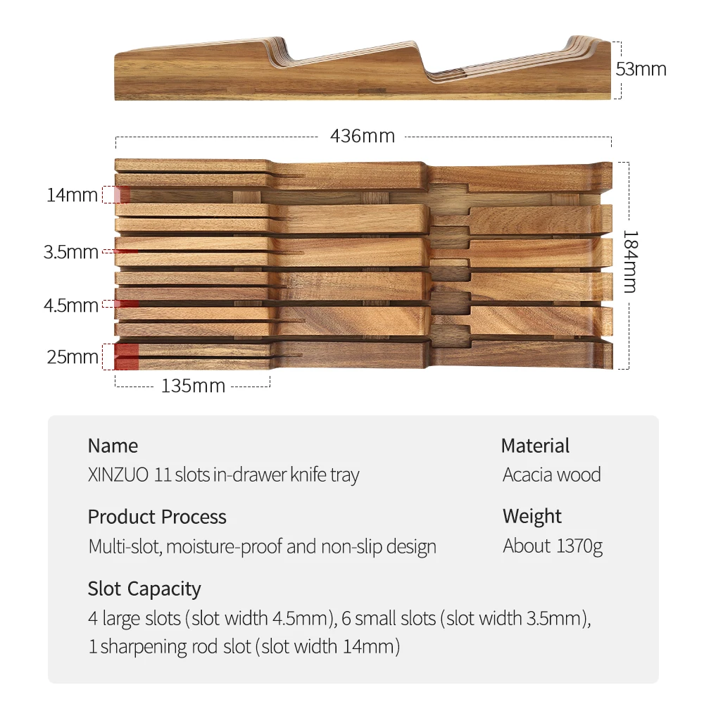 XINZUO 11 Slots in-drawer Knife Holder Acacia Wood 4 Large Slots+6 Small Slots+1 Sharpening Rod Slot  Practical Kitchen Tool