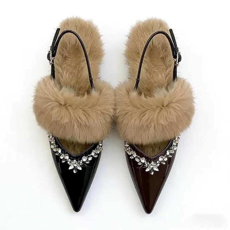 

Fluffy Rhinestone Kitten Heel Mules Shoes Women Pointed Toe Slides Buckle Casual Slingback Winter Patent Leather Designer Shoes