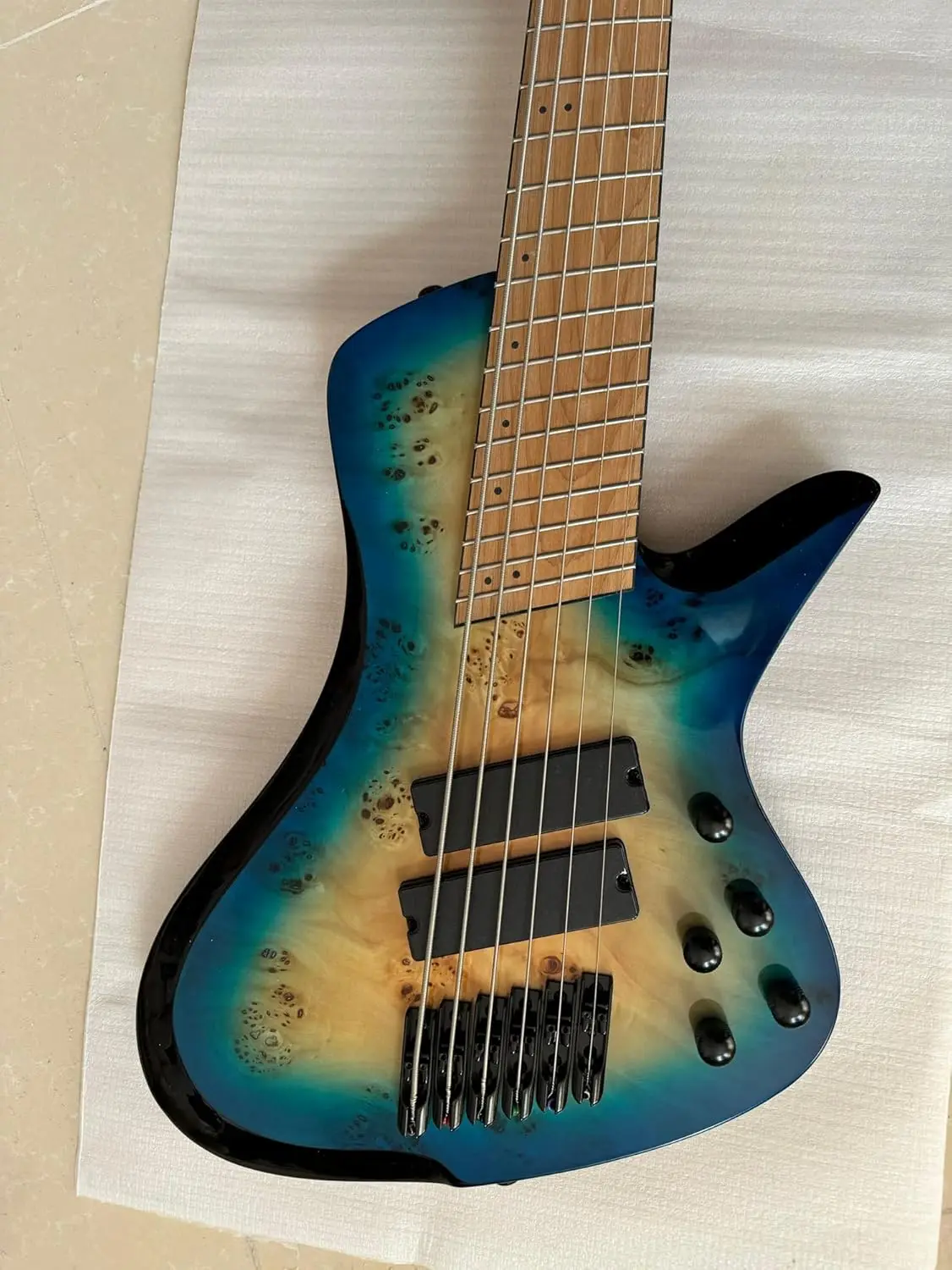 Fanned Fret 6 String Electric Bass Guitar Blue Burl Burst,Quilt Maple Top,Roasted Maple Neck,Active/Passive Humbuckers New Style