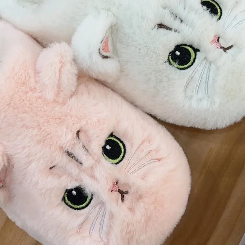Autumn Winter Couple Plush Cotton Slippers Cartoon Kitten Design Warm Soft Indoor Home Slippers for Men Women Daily House Wear