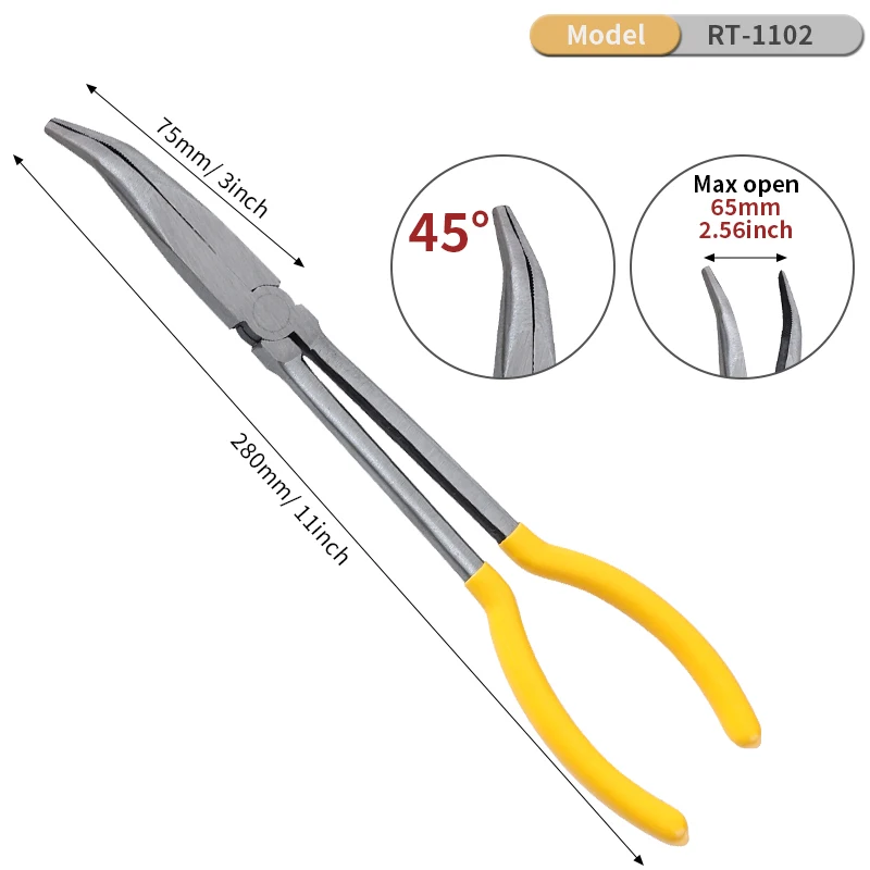 11In Tip Pliers High Carbon Steel 45° Bending and Straight Tip Long Nose Pliers with Anti-Slip Handle for Narrow Spaces