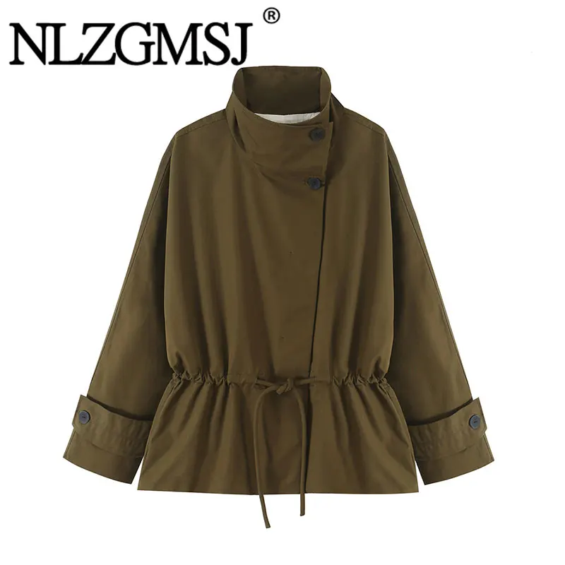 Nzgmsj 2026 Autumn Women Stand Collar Windbreaker Drawstring Waist Adjustable Hem Loose Fit Long Sleeve Casual Outerwear Jacket