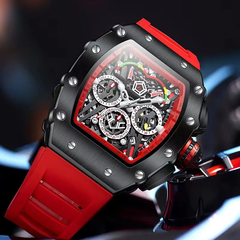 ONOLA Fashion Men's Watch Sports Silicone Strap Auto Date Quartz Clocks Luxury Multifunctional Tonneau Wristwatch Man Hot Sale