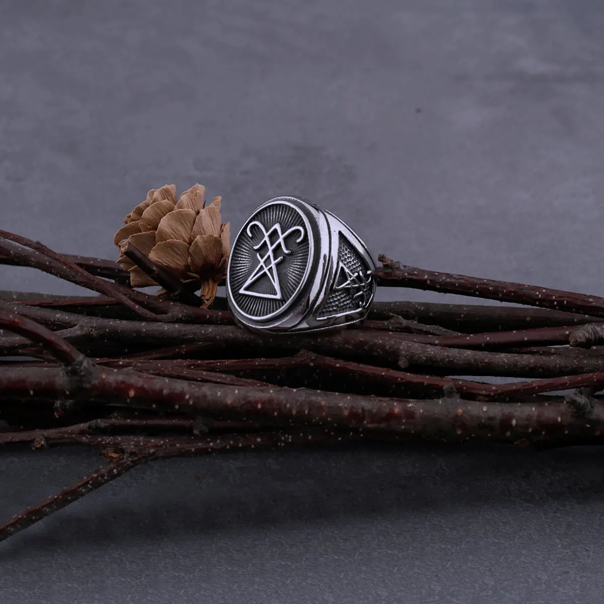 Vintage Stainless Steel Lucifer Ring Mens Gothic Charm Hip Hop Amulet Biker Ring Simple Jewelry Gift Wooden Box Dropshipping