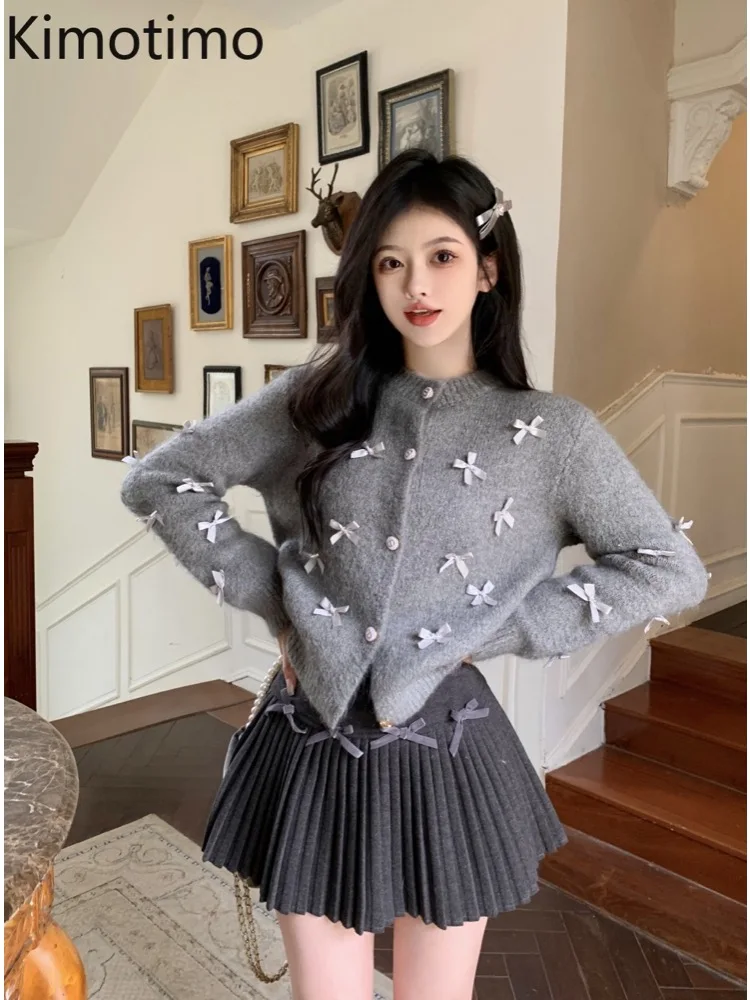 Kimotimo Sweet Bow Knitted Cardigan Women Korean Fashion Long Sleeve Cropped Sweater Coat Autumn Winter Warm Y2k Kawaii Tops INS