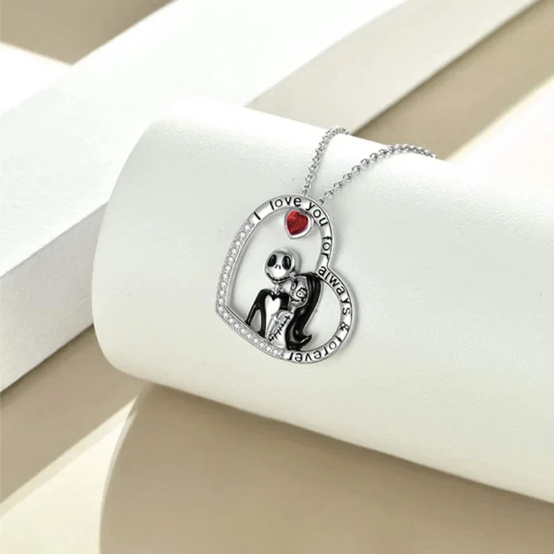 Disney-Le cauchemar avant Noël, collier tête de mort en forme de cœur, diamant, pendentif Jack simple pour couples, cadeau de bijoux d'Halloween