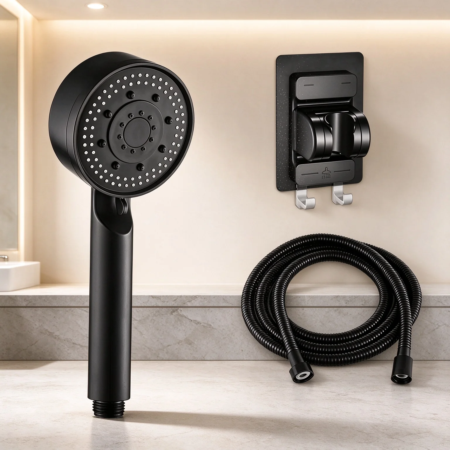 Black High Pressure Hand Shower Head Multi-Function 5 Spray Settings Water Saving Anti-Blocking with 1.5M Hose and Wall Bracket