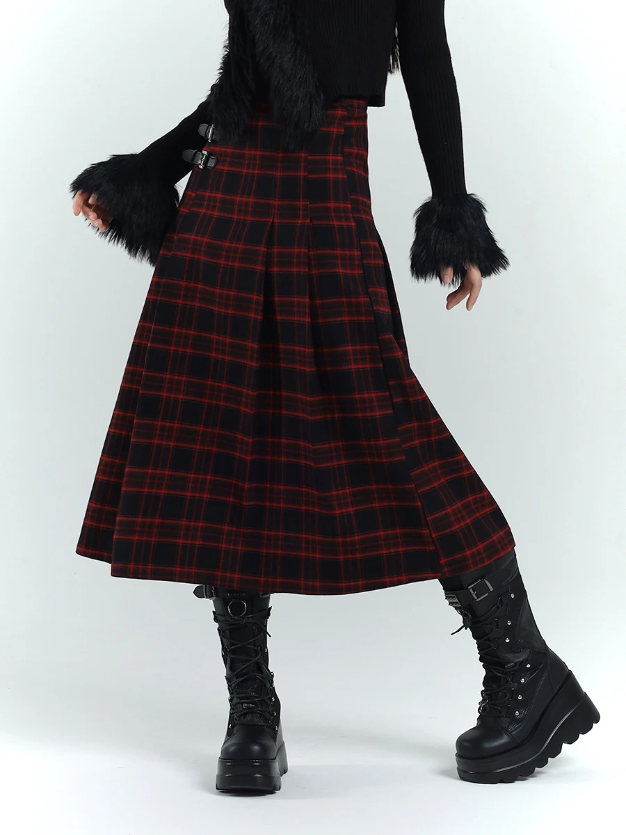 Ghost Girl Original High Waist A-Line  Skirt Retro Subculture Matching Bla And Red Plaid Long Skirts for Spring Autumn