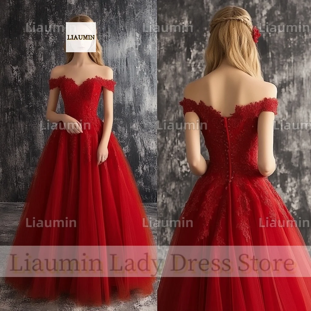 A Line Tulle Lace Applique Off The Shoulder Prom Wedding Formal Occasion Dress Evening Party Lace Up Back Custom Hand Made B1