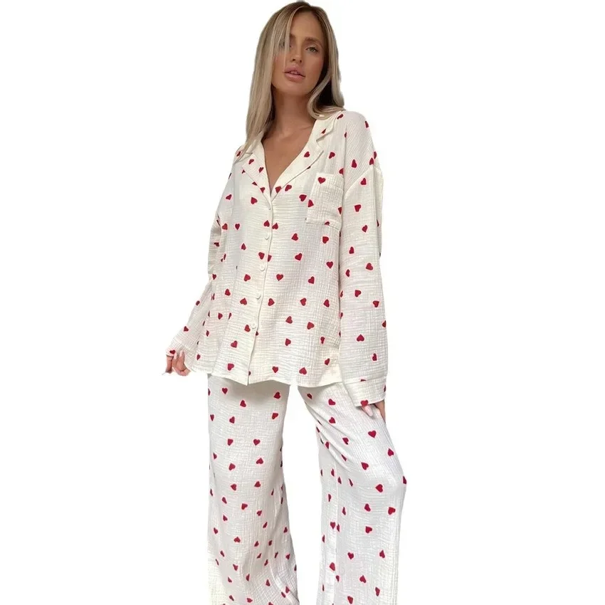 Conjunto de pijama de dos piezas con estampado de amor para mujer, pantalones de manga larga, ropa de casa cómoda, Otoño, nuevo