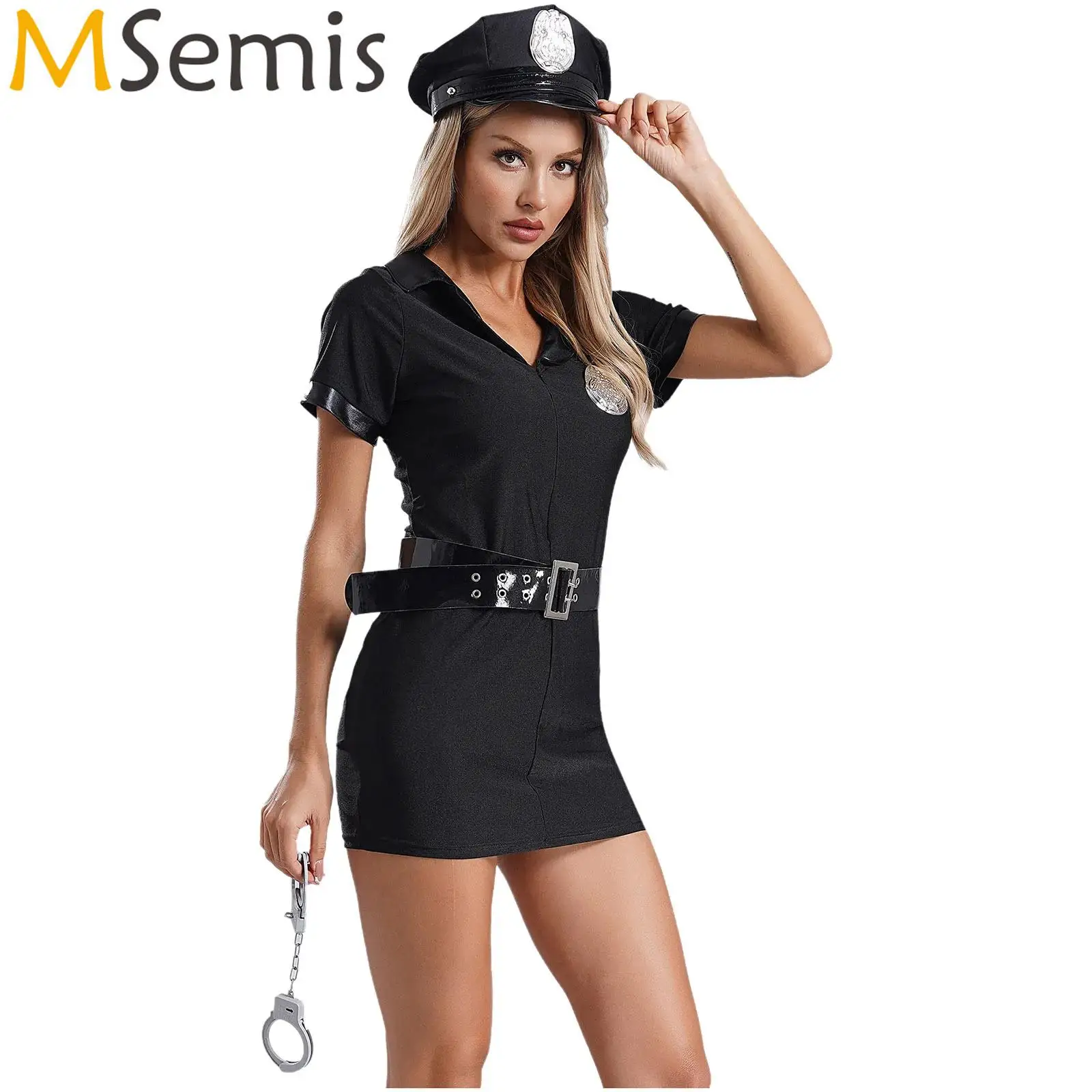 Womens Halloween Cop Officer Cosplay Outfits Police Uniform Short Sleeve Mini Dress with Hat Belt Badge Shackles Accessories