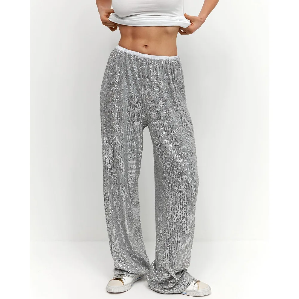 

Women Glitter Sequin Straight Full Pants 2023 Autumn Silver Gold Sparkle Party Clubwear Elastic Waist Shiny Casual Pants