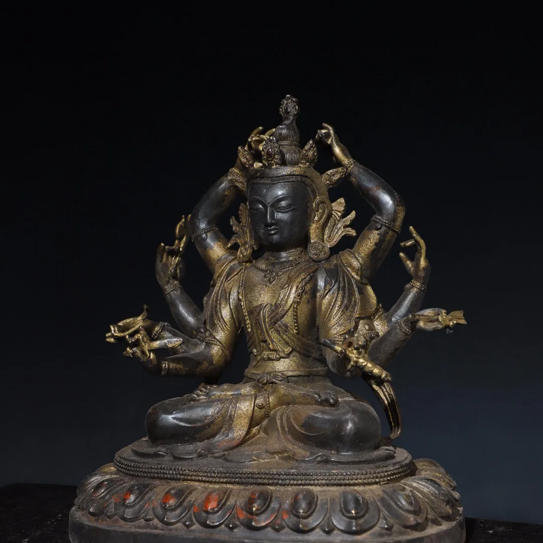 

Tibetan brass, mud, gold, cinnabar, painted eight armed statue of Guanyin Tara ornament, home and hall decoration 35cm