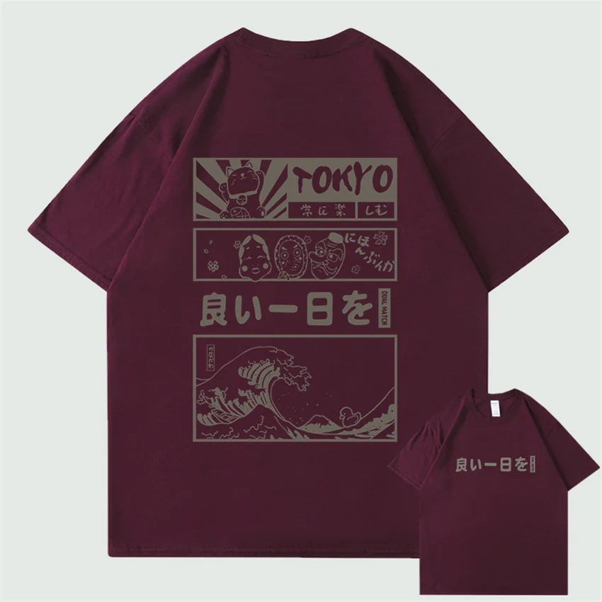 Men Hip Hop Streetwear T-Shirt Japanese Kanji Cartoon Great Wave Tokyo T Shirt Harajuku Cotton Short Sleeve Tshirt Summer