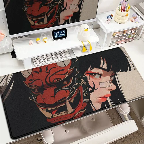 Imagen 2 del producto Alfombrilla de ratón con máscara de Samurai Oni para chicas de Anime, accesorios grandes para juegos de ordenador, alfombrilla de ratón profesional Premium para jugadores de 400x900mm, alfombrillas de escritorio