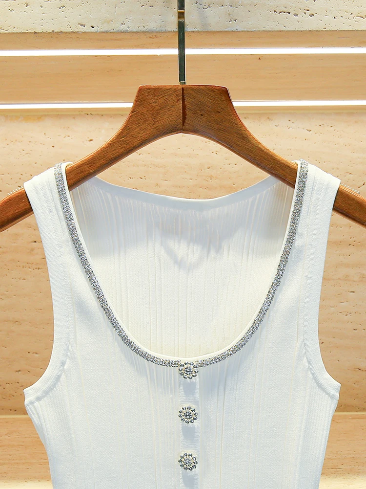 Funkelndes, mit Diamanten verziertes, schmal geschnittenes U-Ne-Strickwesten-Top für Damen, Sommer, Faion, High-End, lässig, Pendeln, Swe