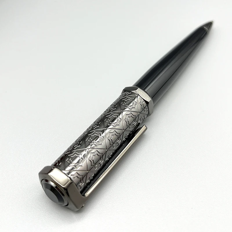 YAMALANG CT Ballpoint Pen Santos-Dumont de Heptagon Black Barrel Snow Flower Pattern Luxury Silver Trim With Serial Number