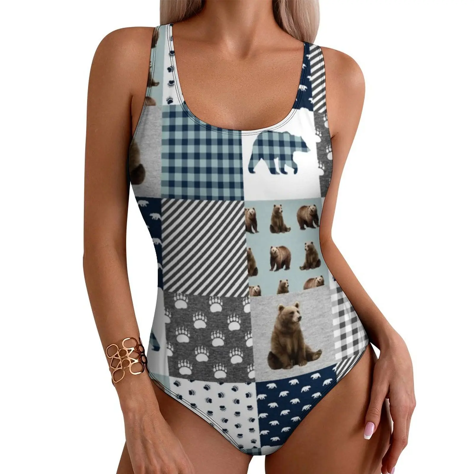 Cute Bear Patchwork Swimsuit Sexy Plaid Forest Animal One-Piece Swimwear Push Up Bodysuit Trend Holiday Swim Monokini