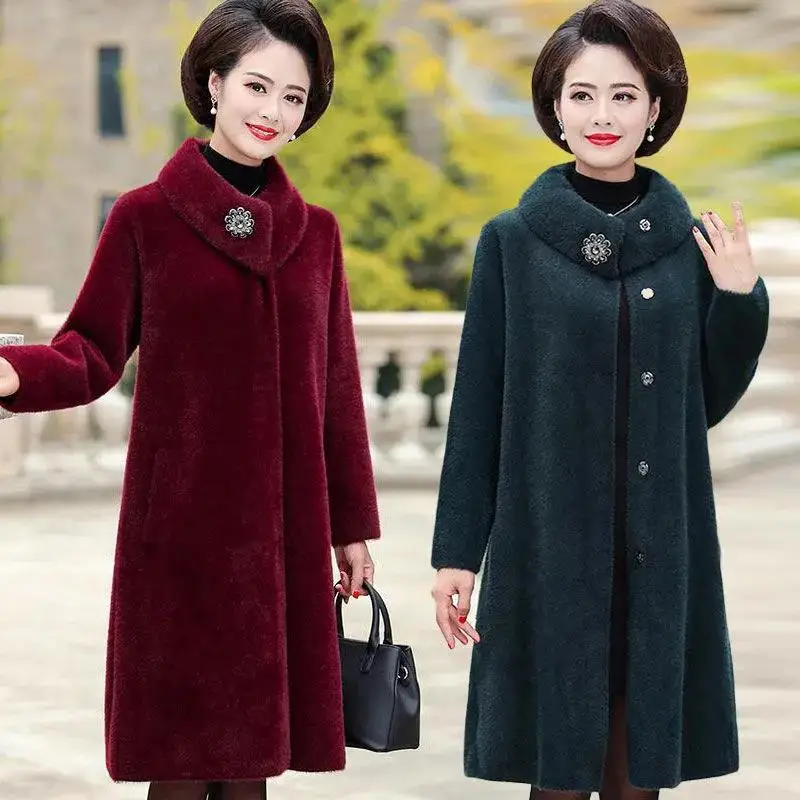 Autumn Winter parka  Middle-aged Womens Imitation Mink Cashmere Coat fur outerwear Thick jacket Medium and Long Knitted Sweaters