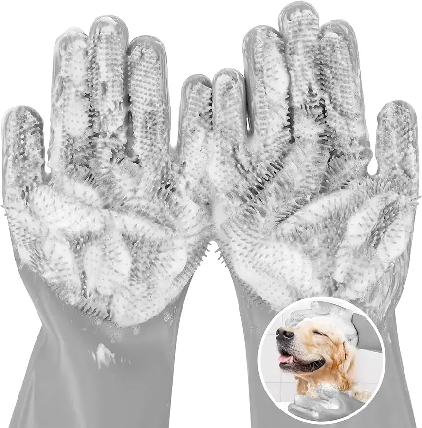 Pet Grooming Gloves Large, Heat Resistant Cat Bathing Gloves with High-Density Teeth, Silicone Dog Bathing Gloves with Enhanced